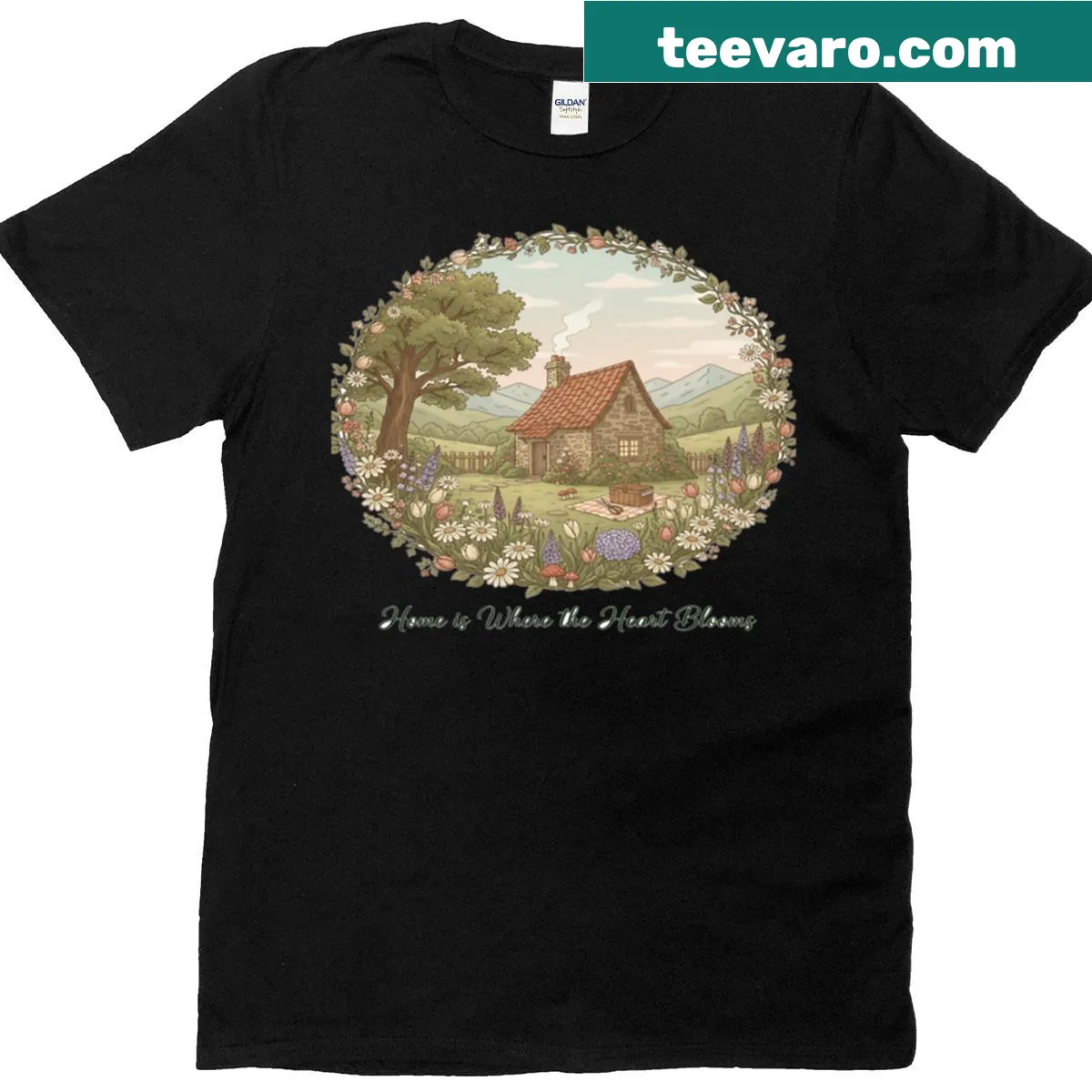 Cottagecore illustration featuring a cozy country house — on a men's t-shirt