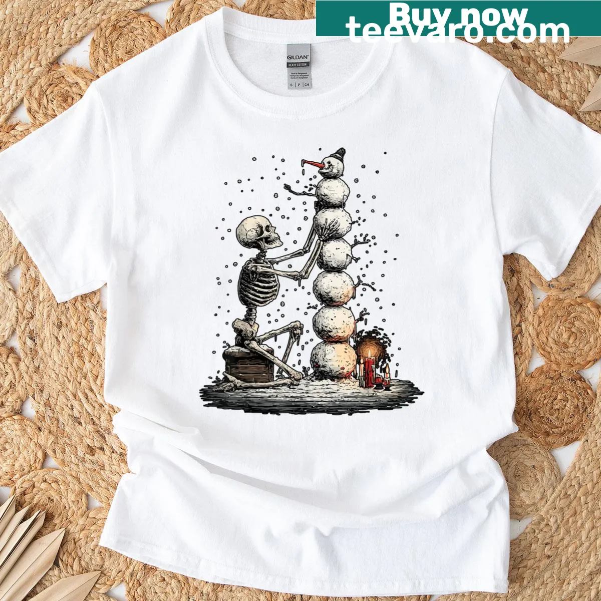 Creepy Skeleton with Spooky Snowman Christmas t-shirt — on a men's t-shirt