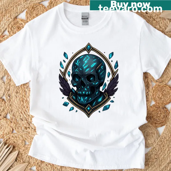 T-shirt with a crystal blue skull, wings, and gems illustration