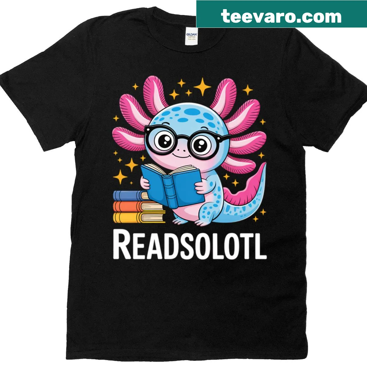 Adorable axolotl reading design for kids t-shirt — on a men's t-shirt