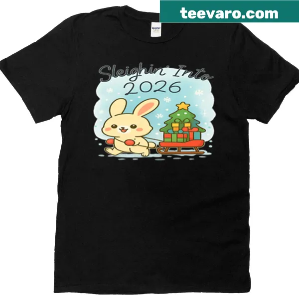 Kawaii Christmas T-shirt featuring a cute bunny sleighing into 2026