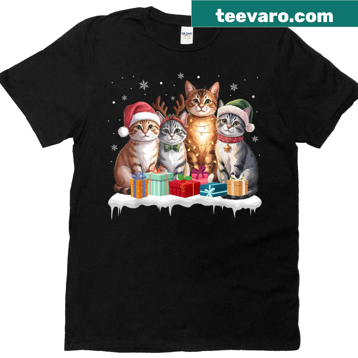 Adorable Christmas T-shirt with kittens and tree design — on a men's t-shirt