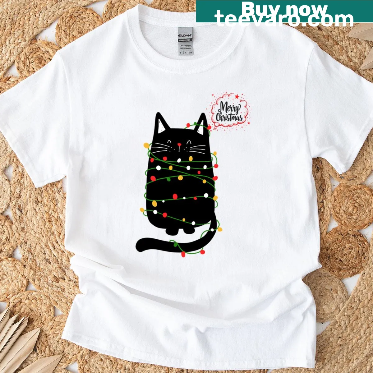 Cute Christmas Cat tangled in holiday lights t-shirt — on a men's t-shirt