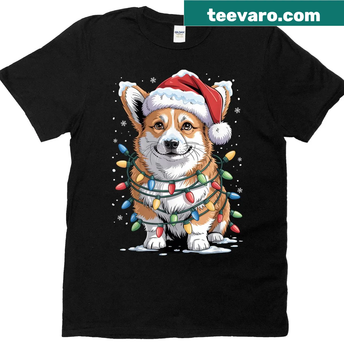 Cute corgi under a Christmas tree with Santa lights illustration — on a men's t-shirt