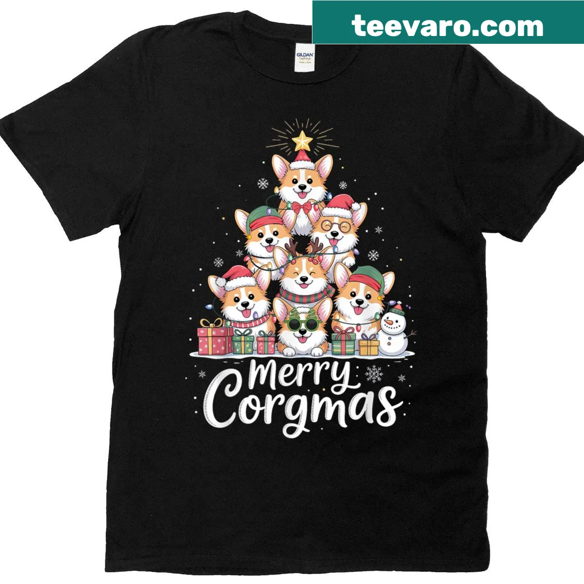 Adorable Christmas T-shirt featuring a corgi with festive decorations — on a men's t-shirt