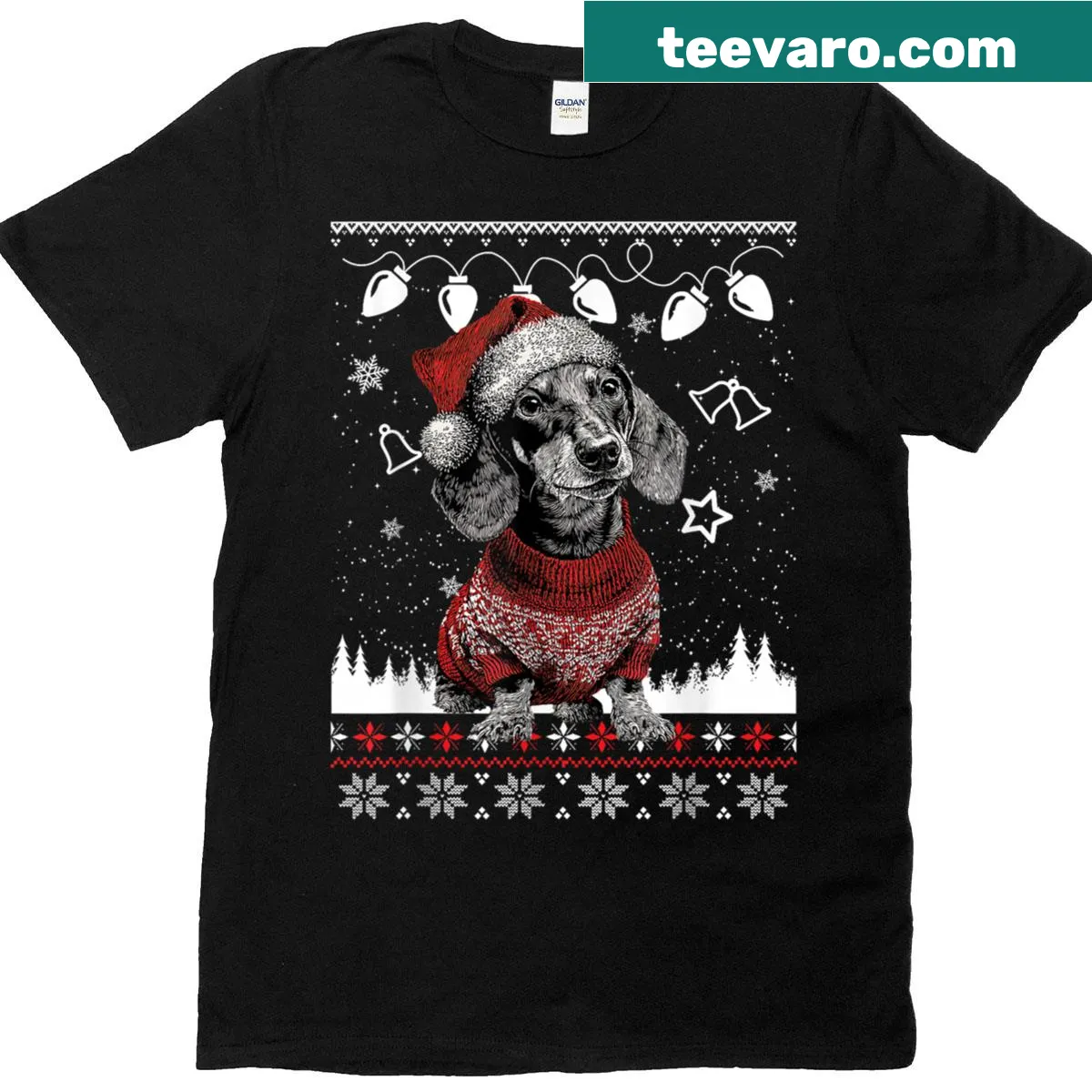Dachshund in Christmas attire illustration — on a men's t-shirt