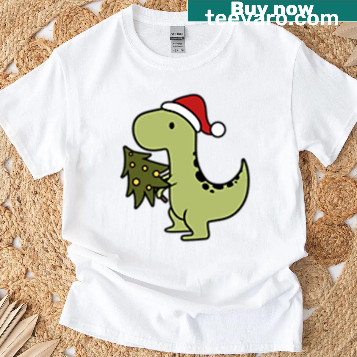 Cute dinosaur with Christmas decorations on a T-shirt — on a men's t-shirt