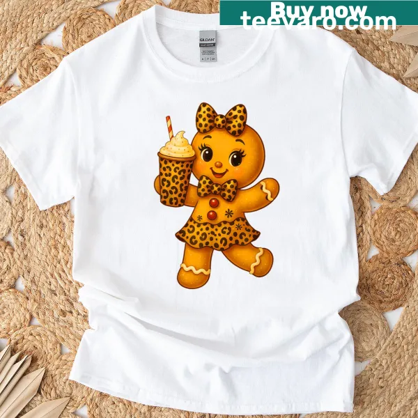 Adorable gingerbread girl with leopard accents and a bow on T-shirt