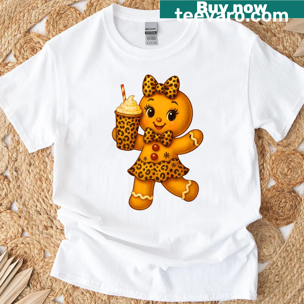 Adorable gingerbread girl with leopard accents and a bow on T-shirt — on a men's t-shirt