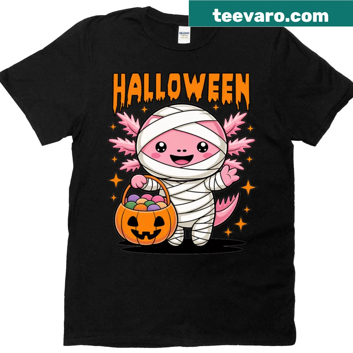 Cute Halloween t-shirt featuring a mummy axolotl design — on a men's t-shirt