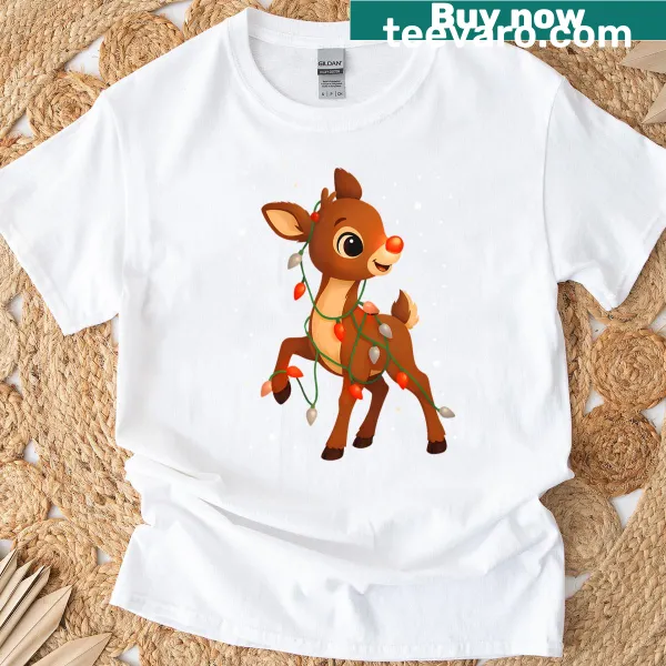 Cartoon Rudolph the Red Nose Reindeer t-shirt for kids, perfect for Christmas.