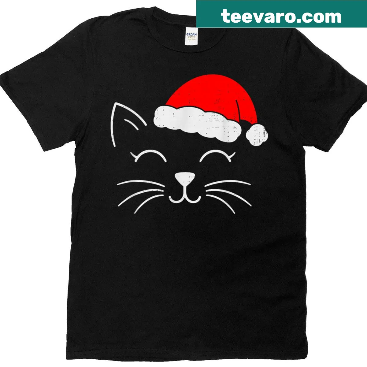 Cute Christmas t-shirt featuring a Santa cat face illustration — on a men's t-shirt