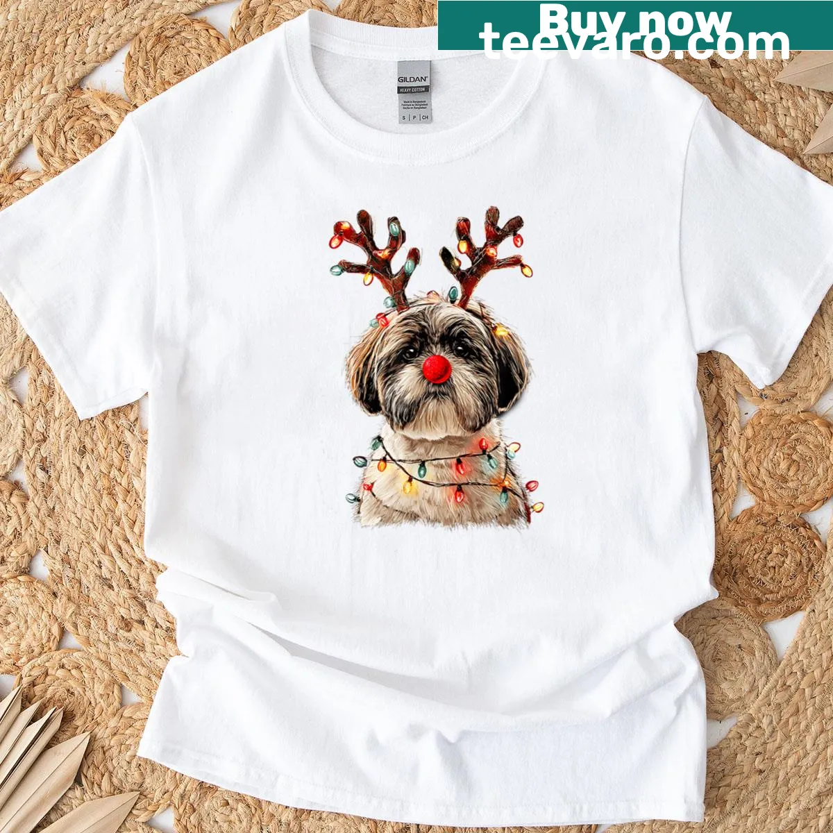 Cute T-shirt featuring Shih Tzu dog dressed as a reindeer. — on a men's t-shirt