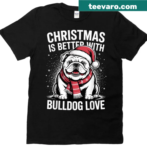 Adorable Christmas Bulldog puppy illustration on festive t-shirt