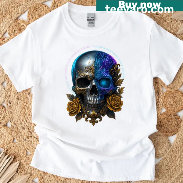 Golden skull with neon halo graphic on t-shirt