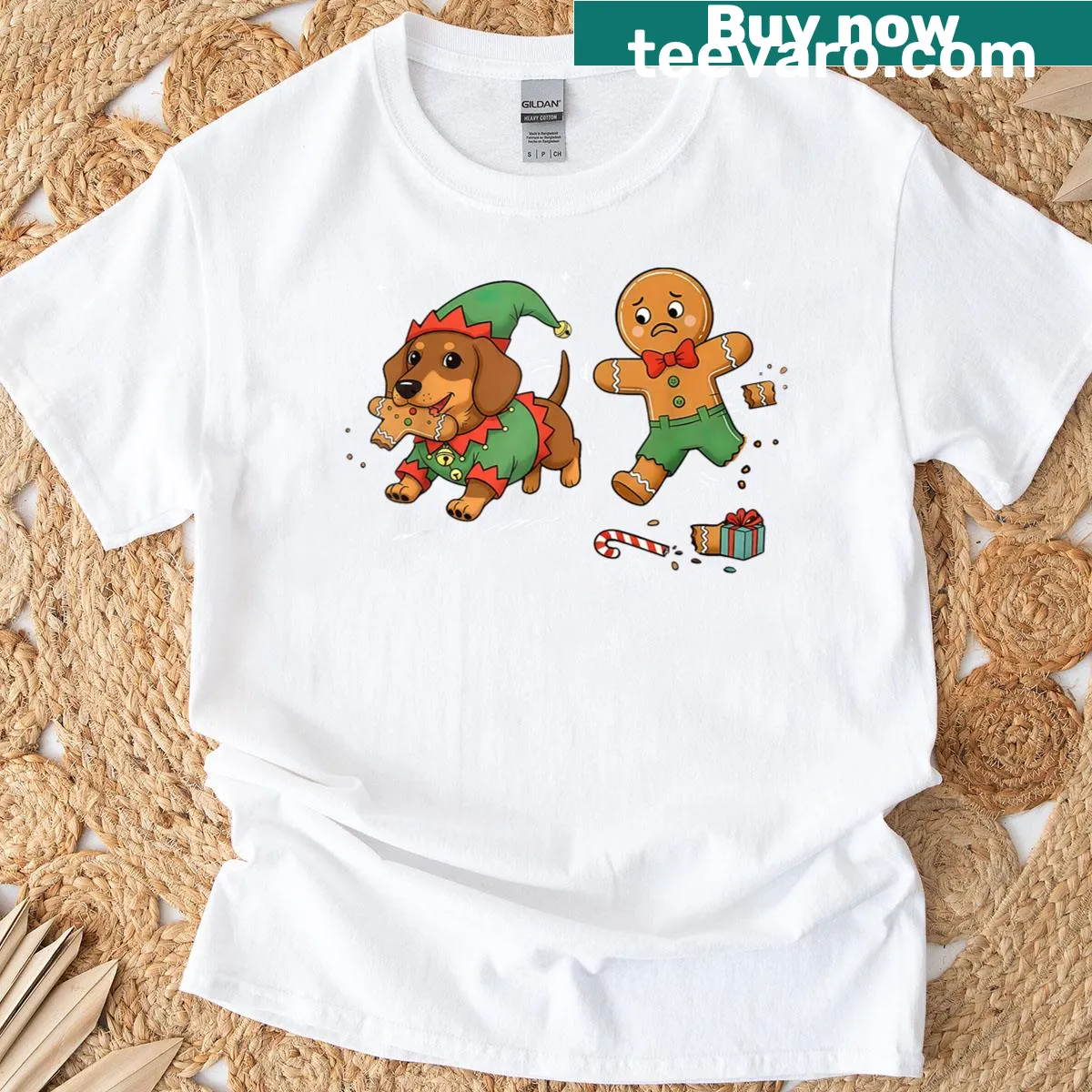 Dachshund chasing a gingerbread cookie with 'Dog Mom' text — on a men's t-shirt