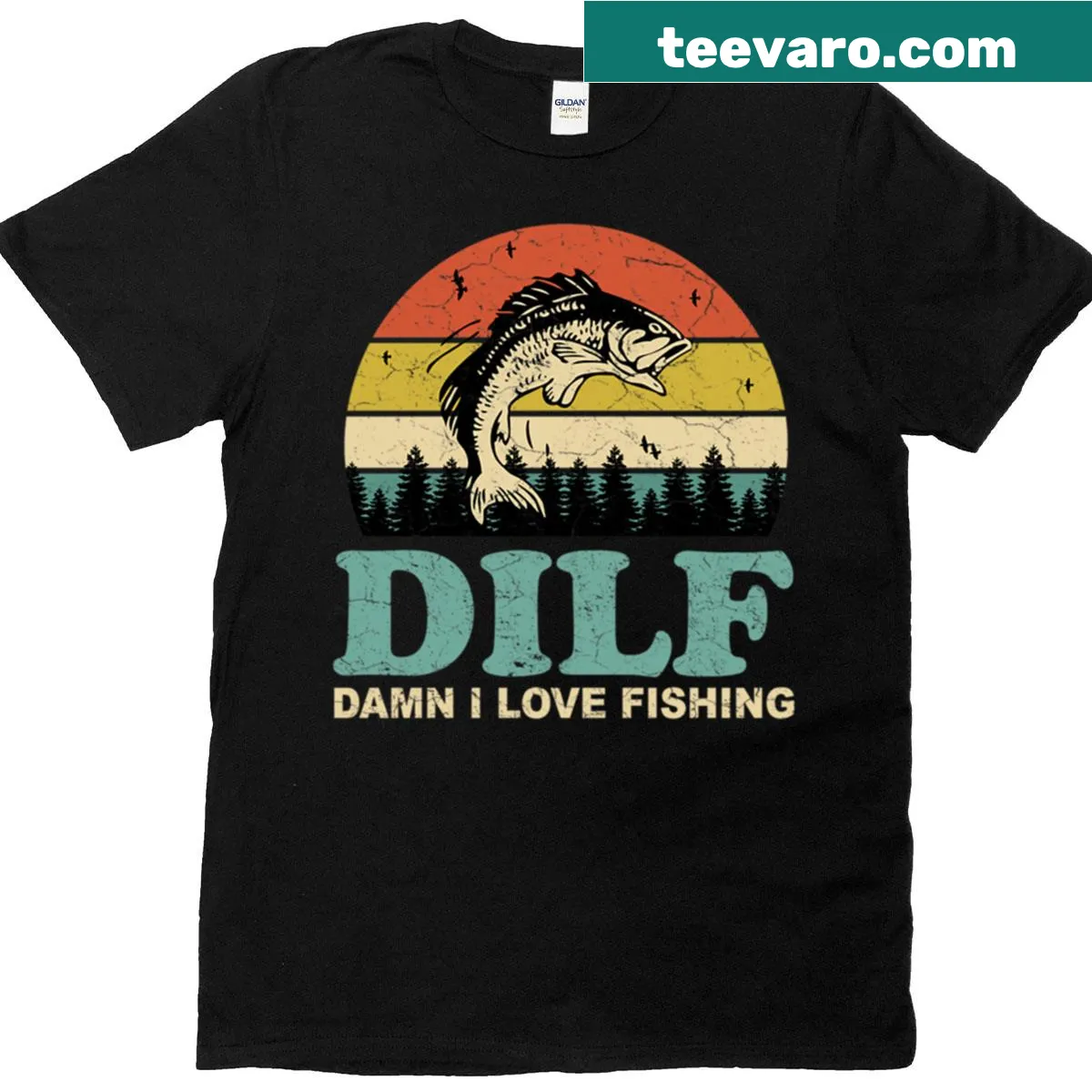 Funny retro t-shirt with fishing theme and sunset design — on a men's t-shirt