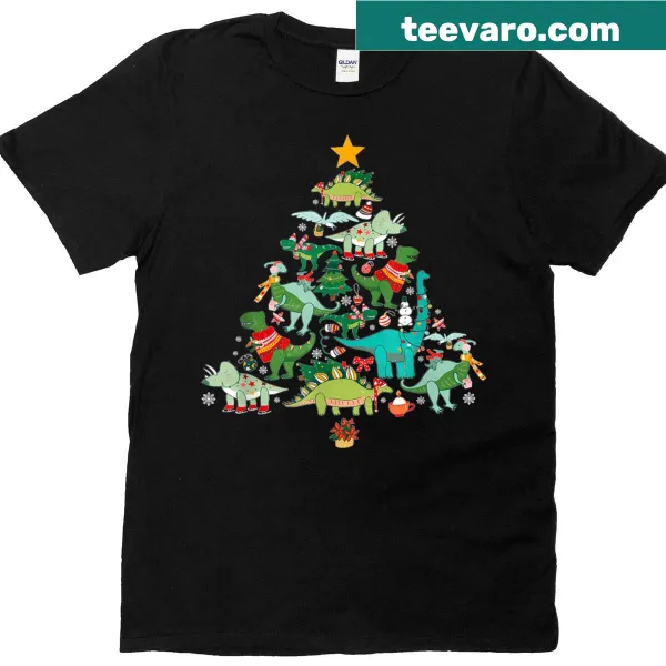 Kid's t-shirt featuring a dinosaur Christmas tree design