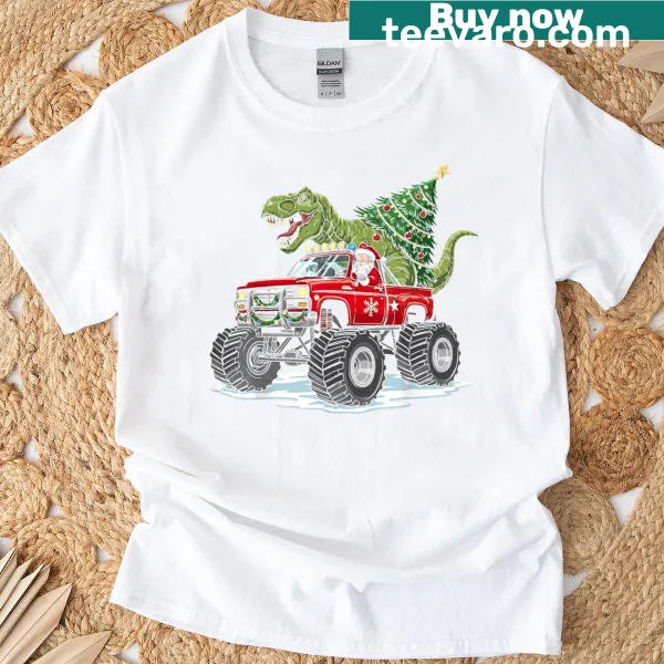 T-Rex dinosaur in Santa outfit on a Christmas t-shirt