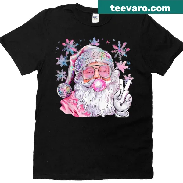 Whimsical Christmas T-shirt featuring disco Santa and snow