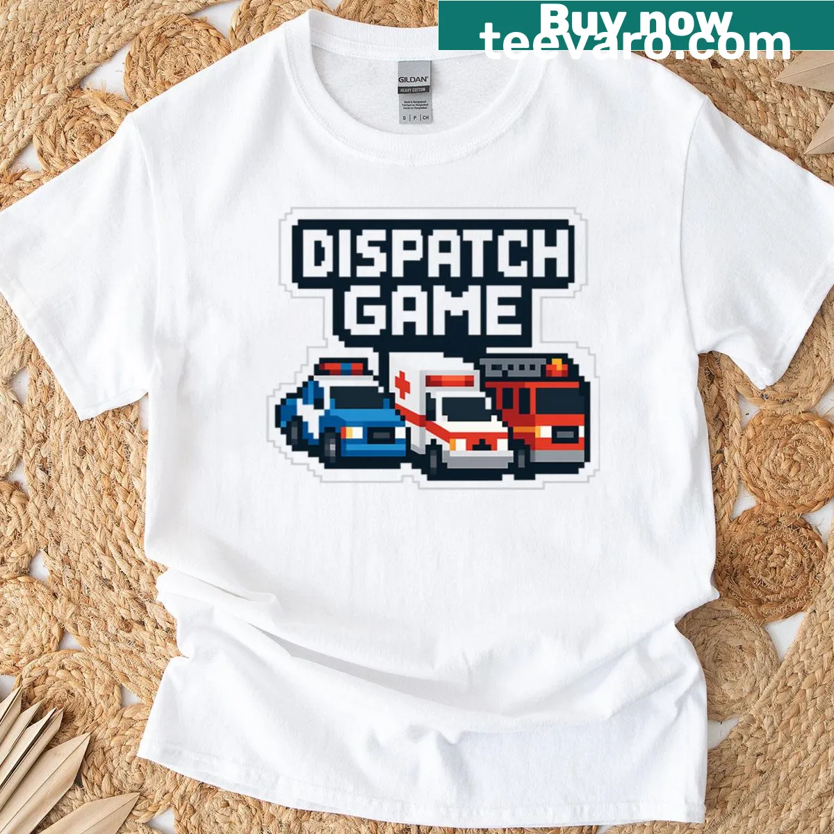 Pixel art emergency dispatcher graphic on oversized t-shirt — on a men's t-shirt