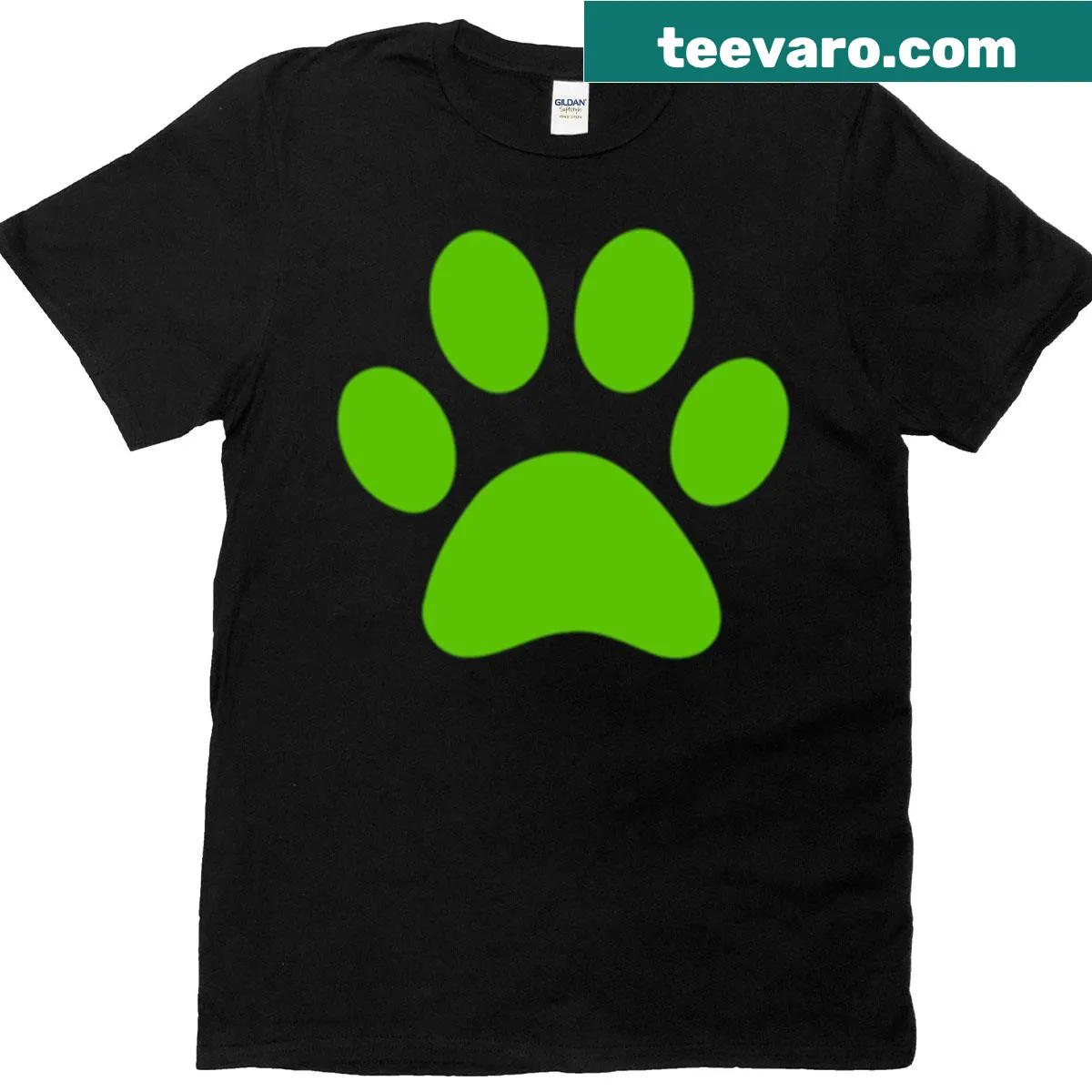 T-shirt featuring a simple graphic of a dog paw print — on a men's t-shirt