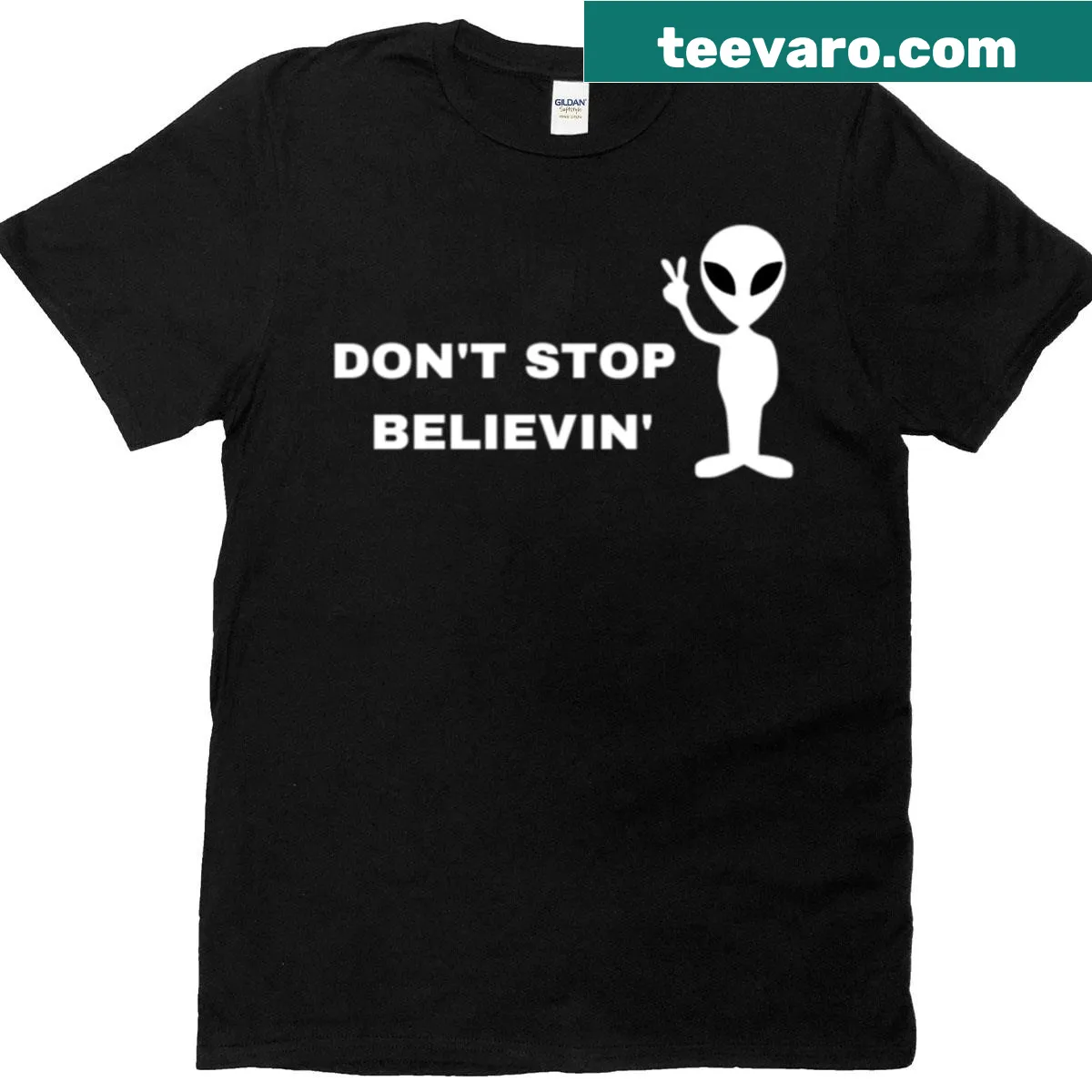 UFO-themed t-shirt with 'Don't Stop Believin'' text — on a men's t-shirt