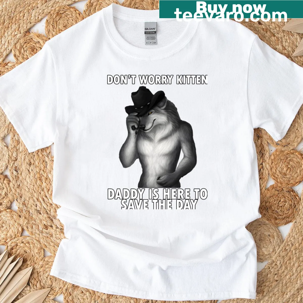 Funny kitten wolf meme t-shirt design — on a men's t-shirt
