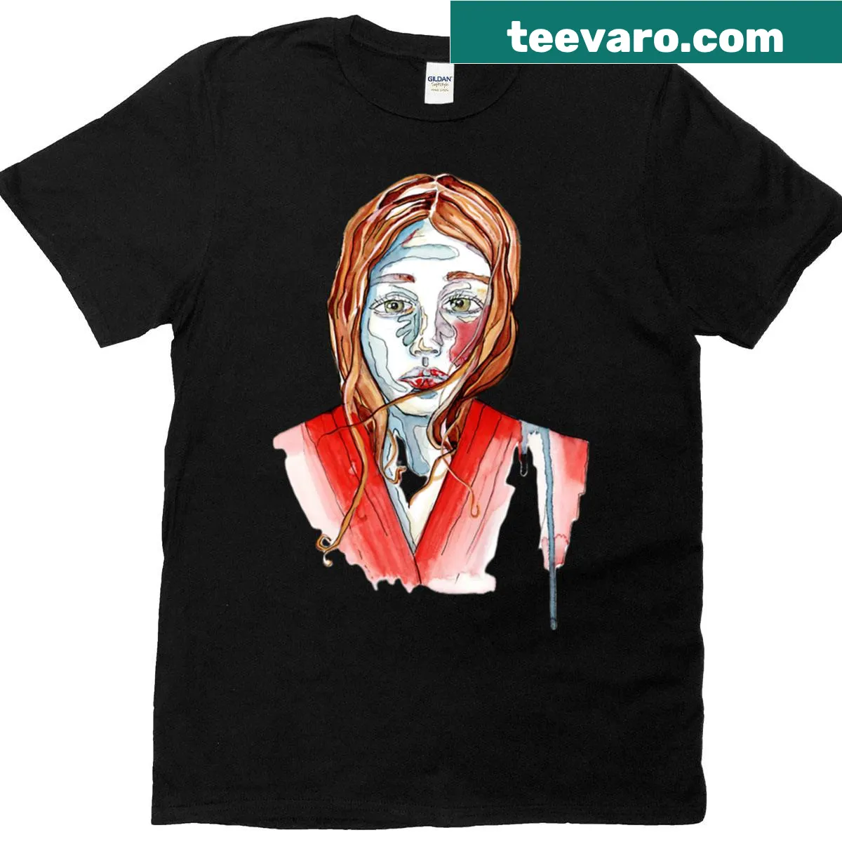 Dystopian themed illustration on red t-shirt — on a men's t-shirt