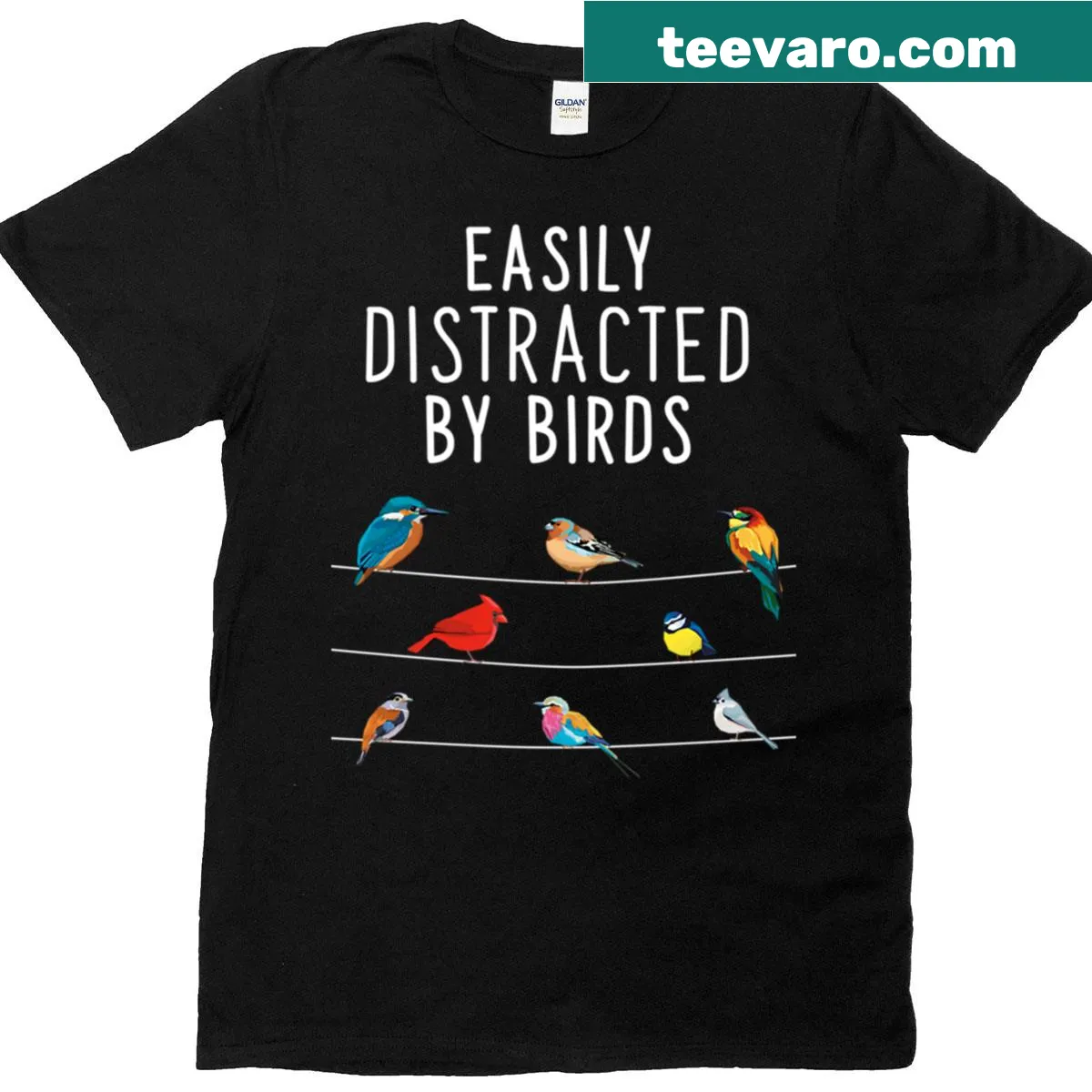 Illustration of birds with the phrase about being easily distracted by them. — on a men's t-shirt