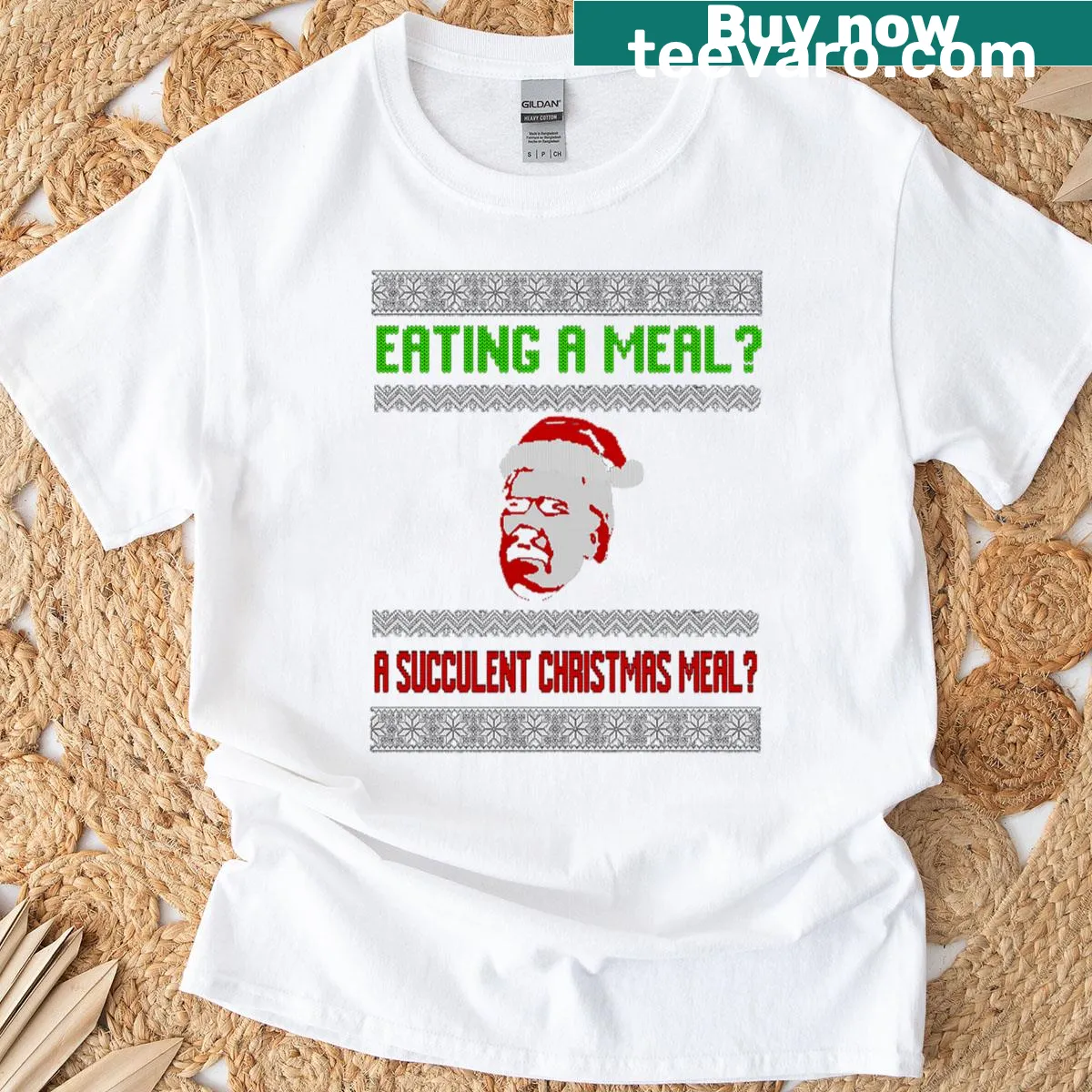 Festive t-shirt featuring a Christmas meal theme — on a men's t-shirt