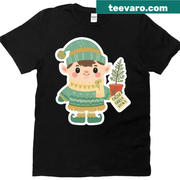 Eco-friendly t-shirt with an elf and Christmas tree illustration