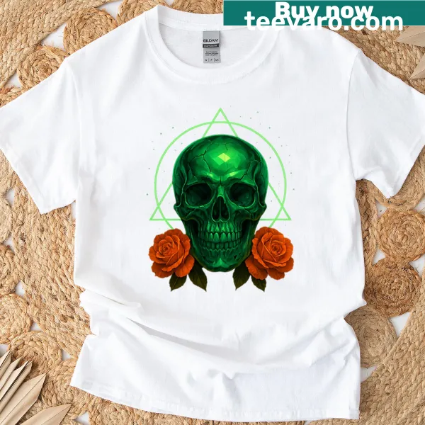 Edgy t-shirt featuring an emerald skull and neon triangle design