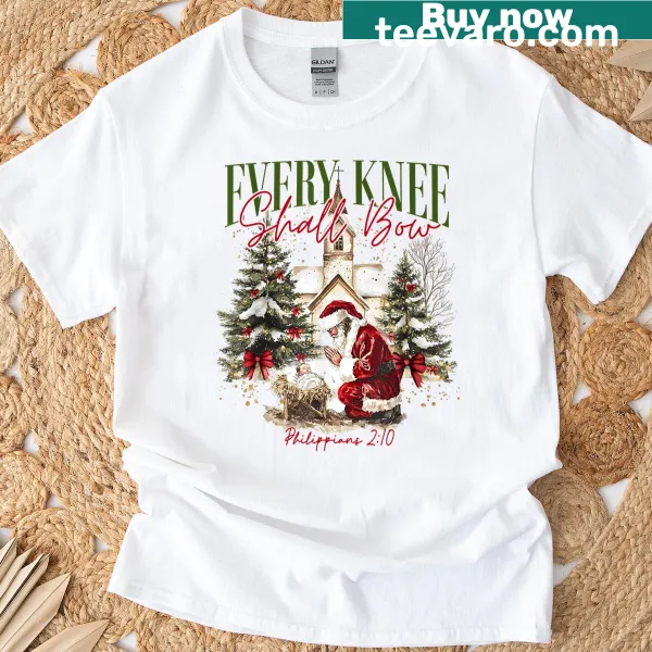 Inspirational Christmas T-shirt with 'Every Knee Shall Bow' text