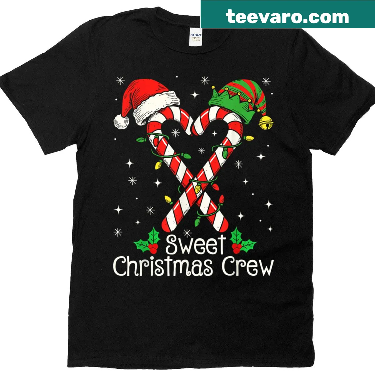 Candy cane design on a festive family Christmas t-shirt — on a men's t-shirt