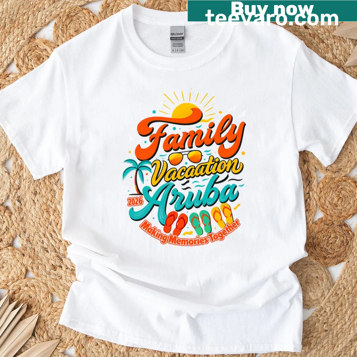 T-shirt featuring an illustrated tropical island escape for family vacations. — on a men's t-shirt