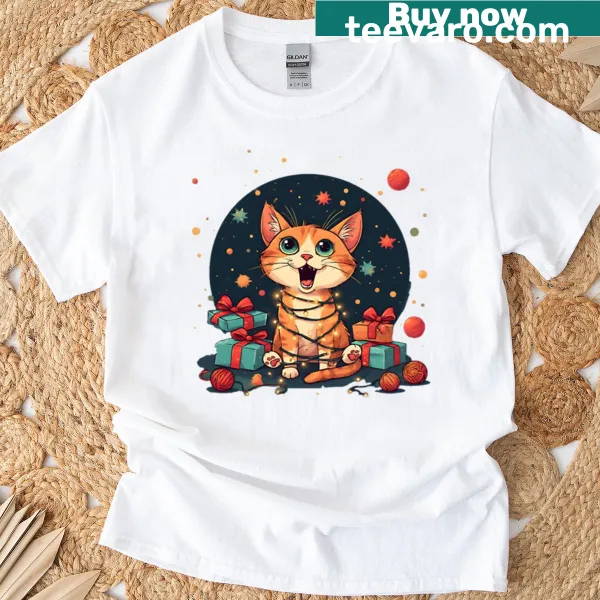 Whimsical cats celebrating the holidays on a festive T-shirt