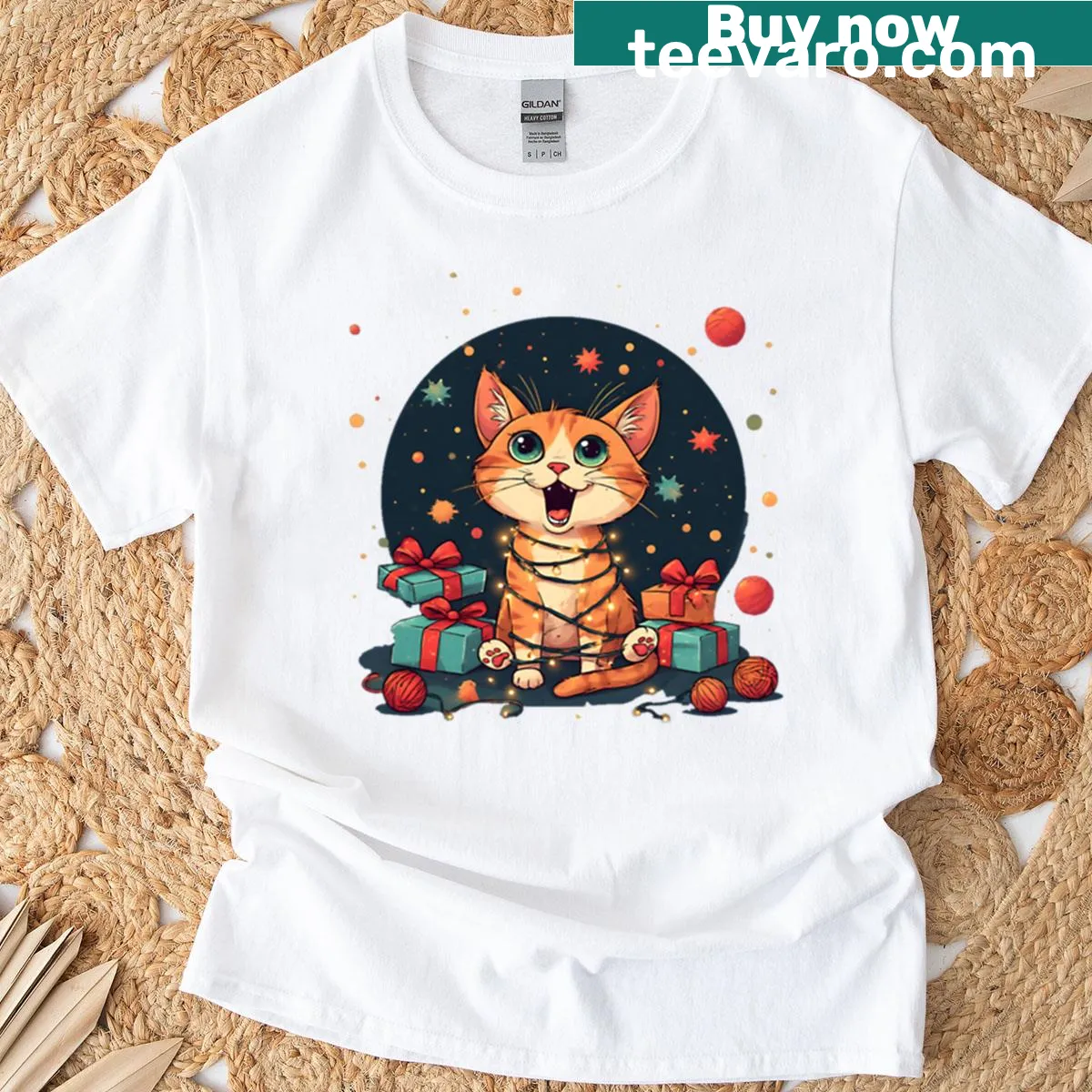 Whimsical cats celebrating the holidays on a festive T-shirt — on a men's t-shirt
