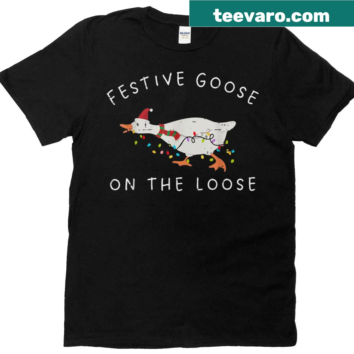 Humorous T-shirt featuring a goose on the loose for Christmas — on a men's t-shirt