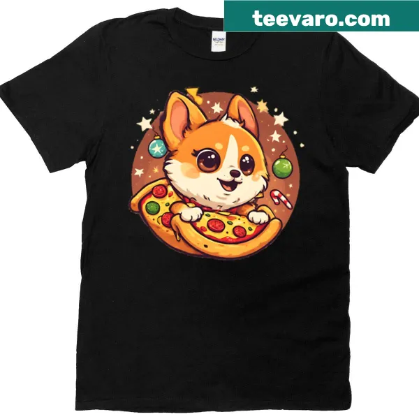 Cartoon Corgi enjoying pizza on a fun T-shirt