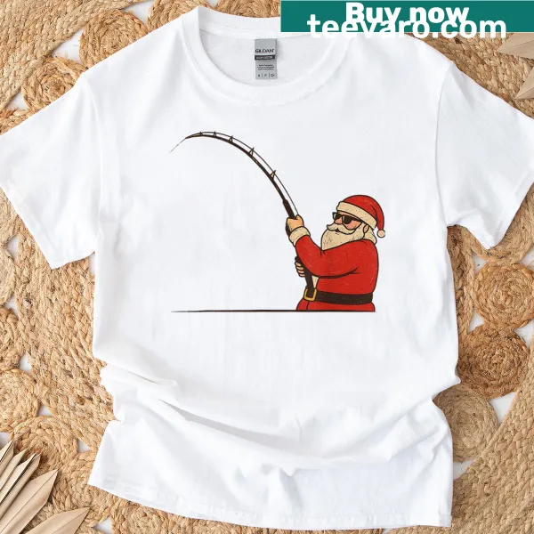 Vintage Santa fishing graphic on a Christmas T-shirt