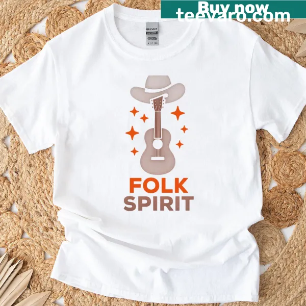 Folk Spirit t-shirt featuring guitar and hat design celebrating music