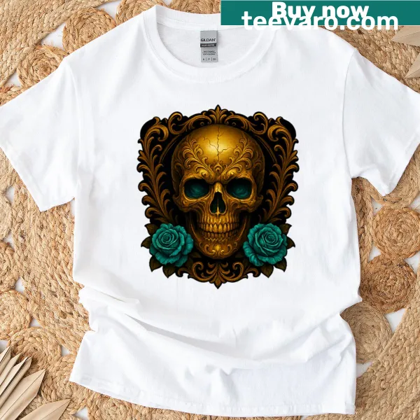 T-shirt featuring a framed golden skull with two roses illustration