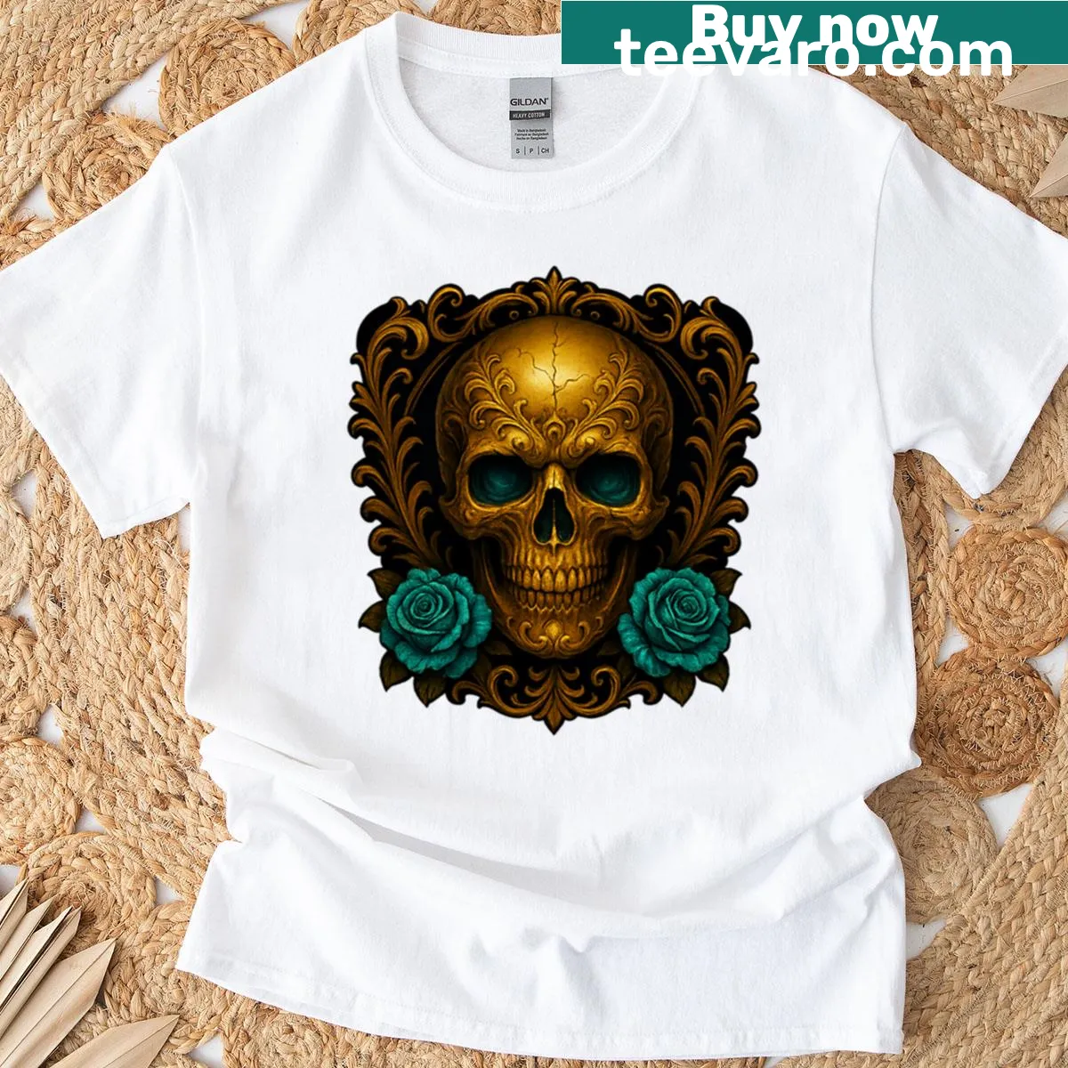 T-shirt featuring a framed golden skull with two roses illustration — on a men's t-shirt