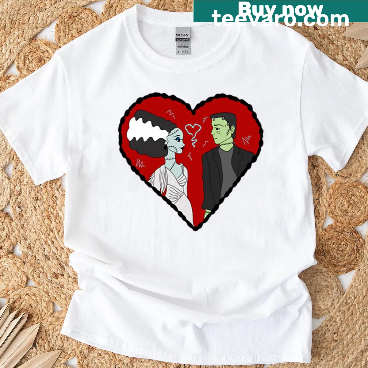 Whimsical Frankenstein-themed love illustration on a T-shirt — on a men's t-shirt