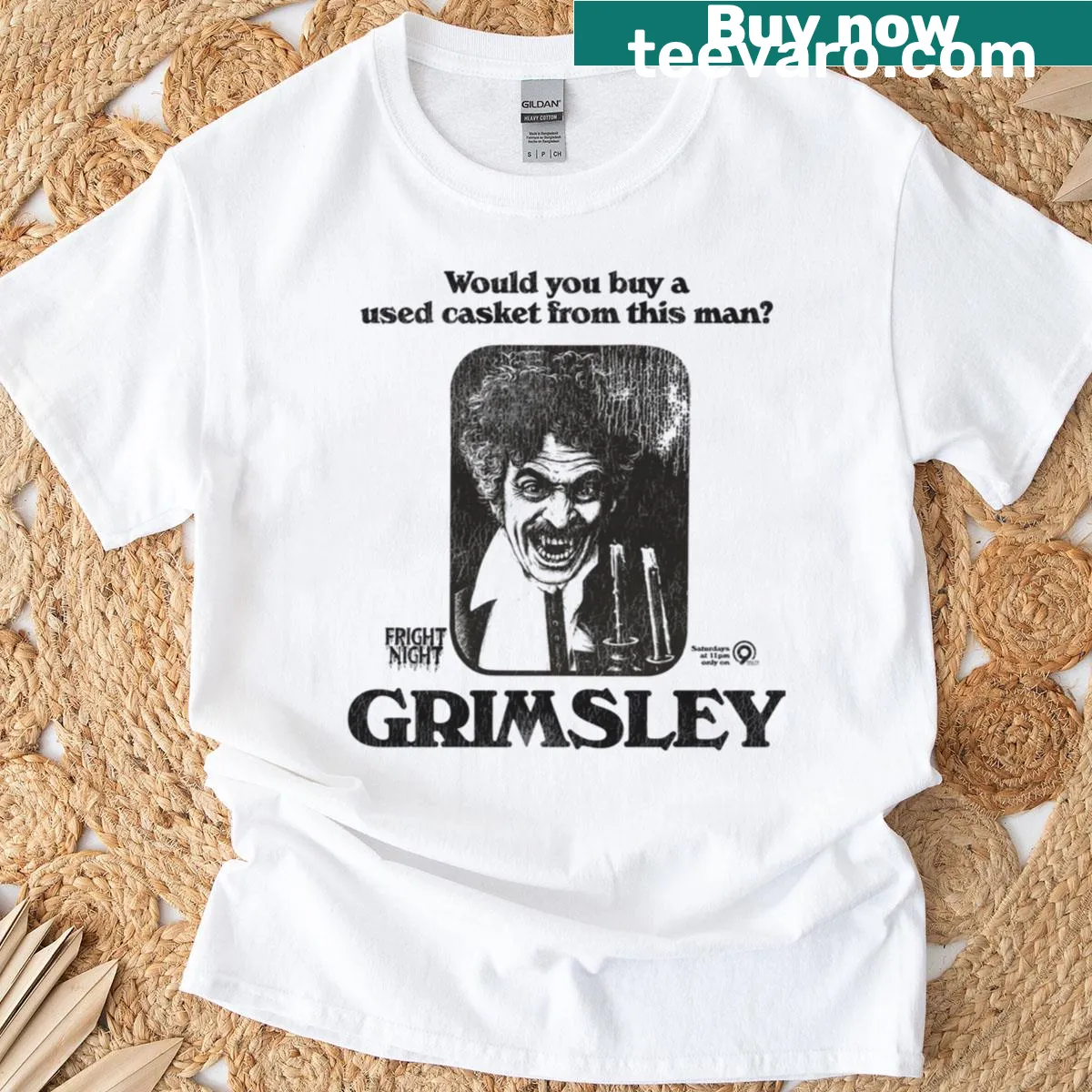 Vintage-style t-shirt celebrating horror cinema and Grimsley — on a men's t-shirt