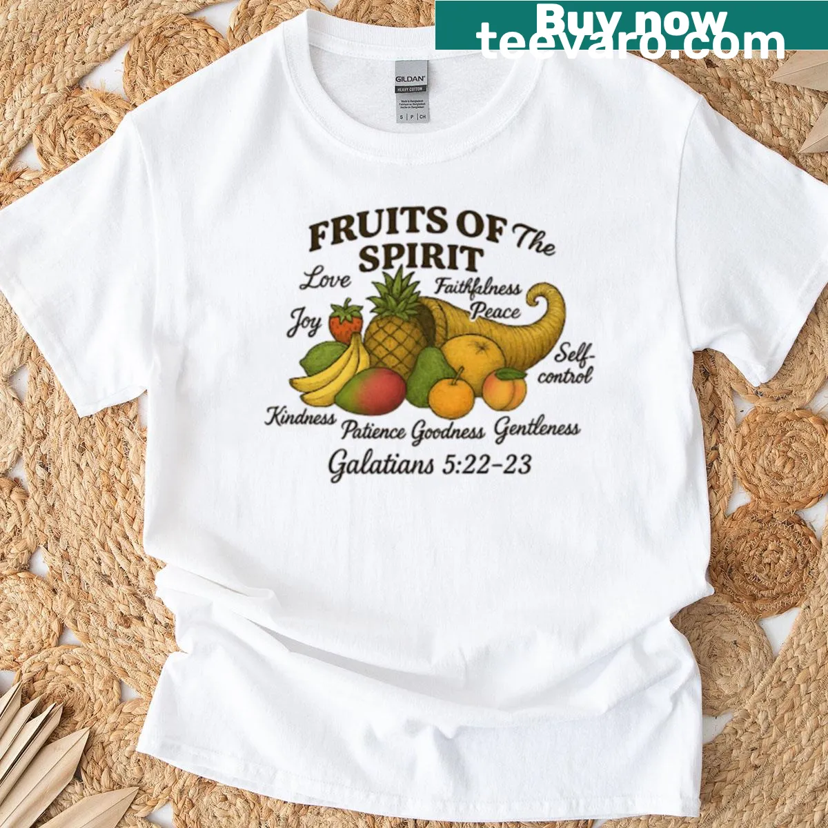 T-shirt featuring the 'Fruits of the Spirit' in typographic design — on a men's t-shirt
