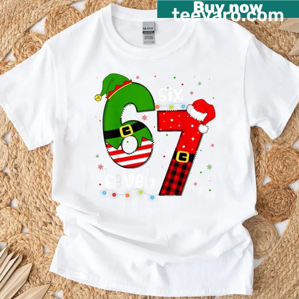 Christmas-themed shirt with 'Six Seven' text and playful graphics