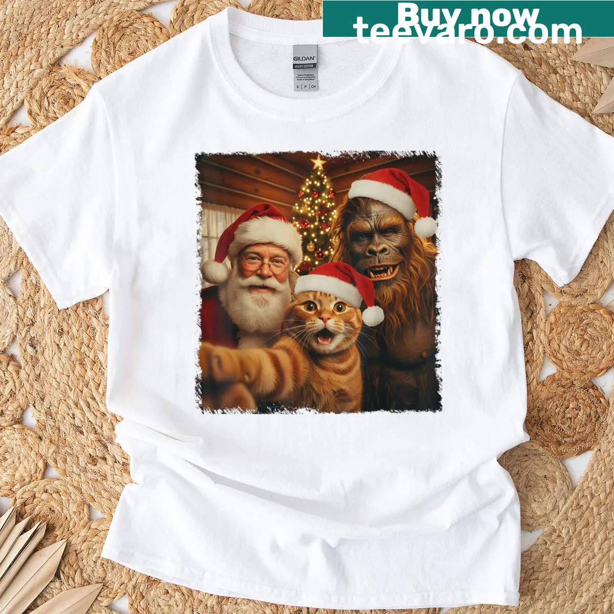 Funny Christmas T-shirt with a cat selfie alongside Sasquatch and Santa — on a men's t-shirt