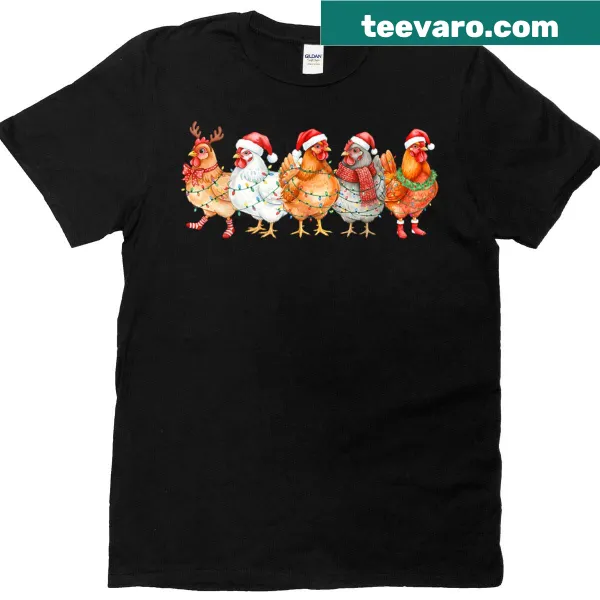 Funny holiday t-shirt featuring chickens with Christmas lights